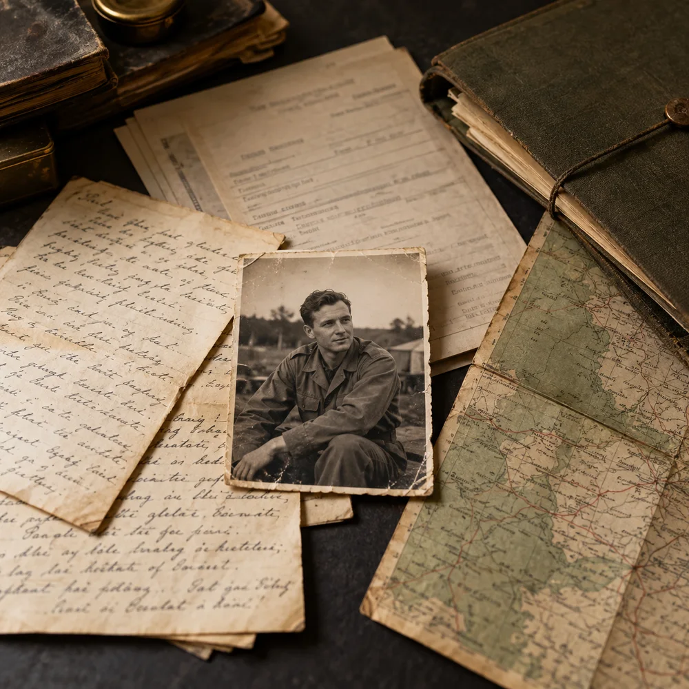 Decorative illustration of a wartime family photograph, letters and a map on an archival desk